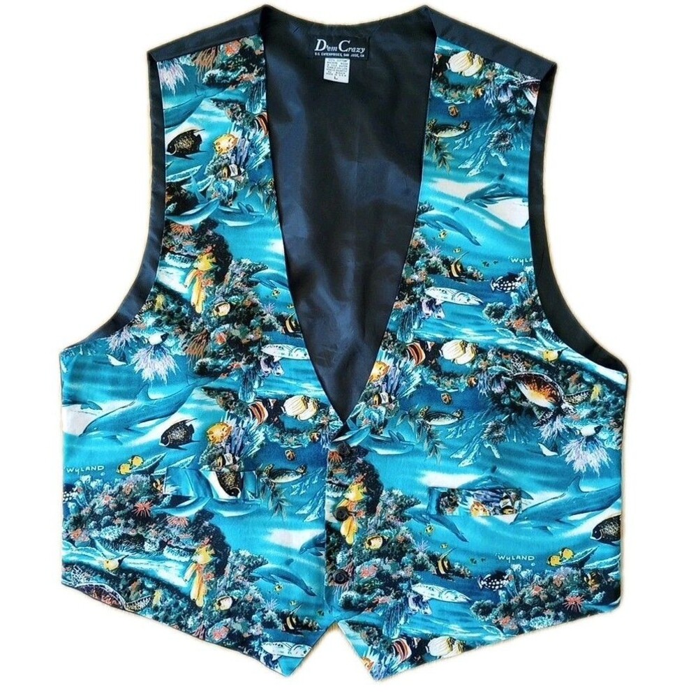 Vintage 90s D’Em Crazy Vest Mens Large Ocean Fish Sea Creatures Coral Novelty